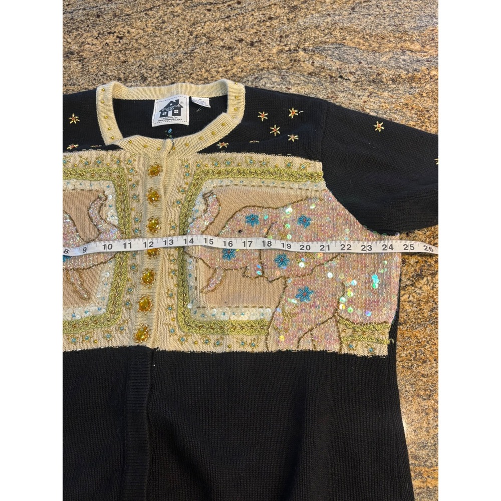 Vtg Storybook Knits 1X Black Elephant Sequin Embellished Button Cardigan Sweater - Picture 6 of 13